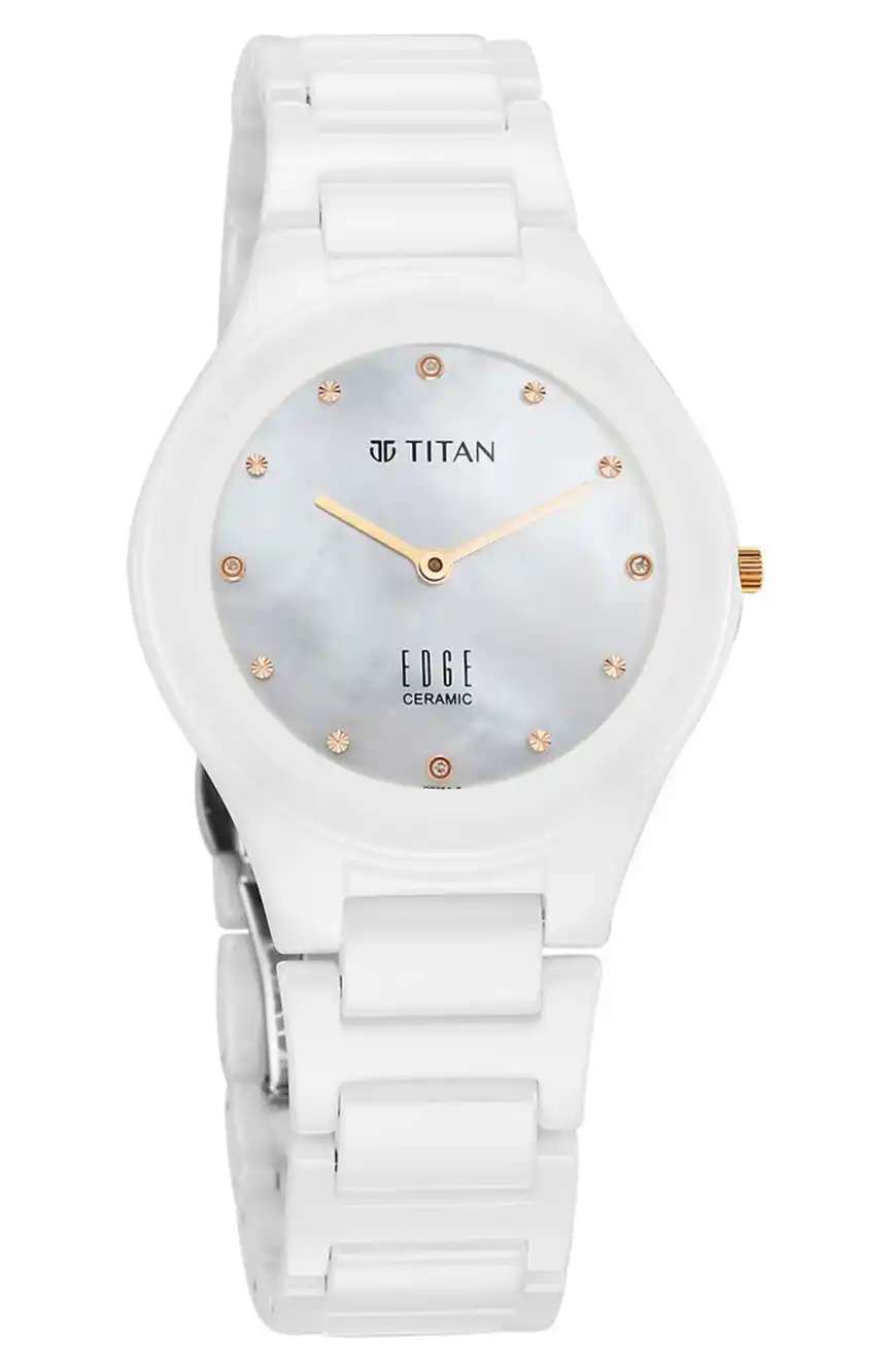 Titan Edge Ceramic Quartz in Arctic White with Diamonds and Rich Mother Of Pearl Dial Watch for Women