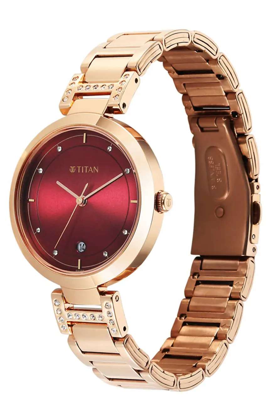 Titan Midnight Radiance Red Round Dial Gold Metal Strap Analog Watch for Women