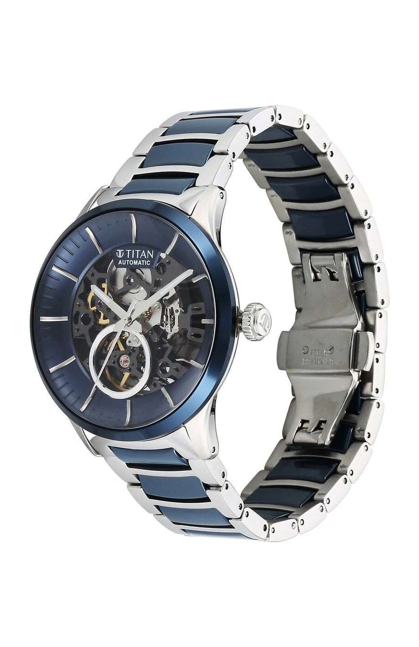 Titan Ceramic Fusion Automatic Blue Dial Silver Dual-Toned Stainless Steel Bracelet Watch for Men