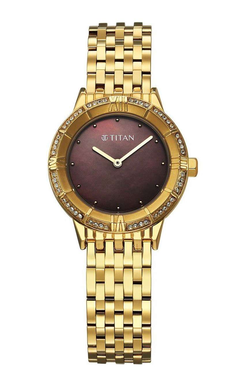 Titan Glamour Quartz Analog Brown Dial Golden Stainless Steel Strap Watch For Women