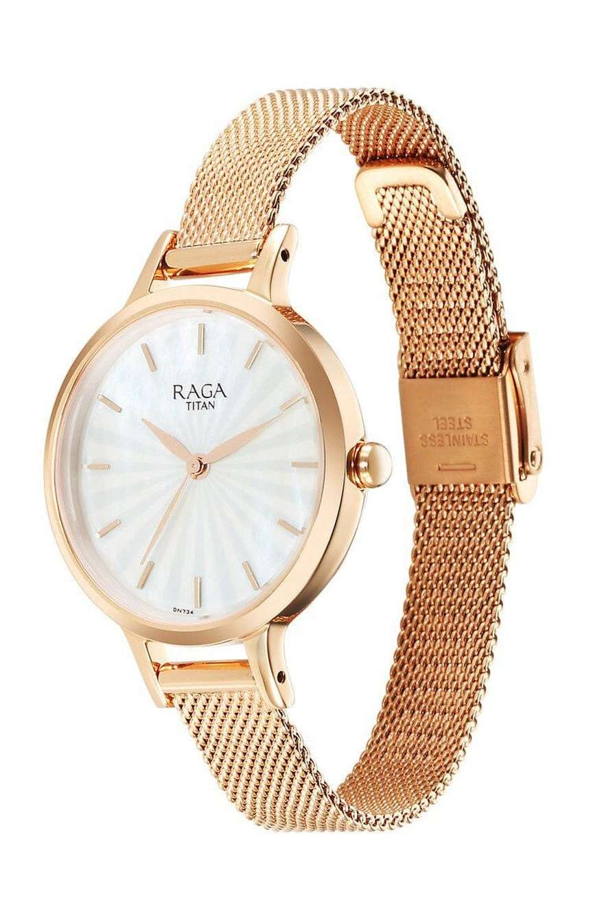 Titan Raga Power Pearls Quartz Analog Mother of Pearl Dial Rose Gold Metal Strap Watch For Women