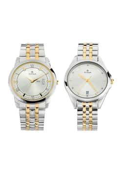 Titan Bandhan Quartz Analog with Day and Date Silver Dial Stainless Steel Strap Watch for Couple