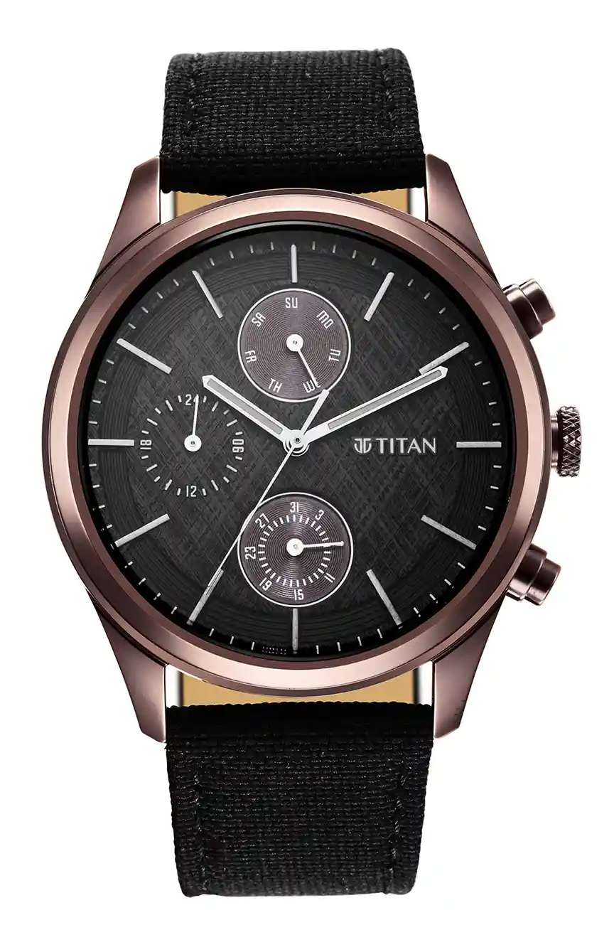 Titan Men's Infinity Chrono watch: Precise Blue Dial, Rose Gold Highlights, Durable Leather Strap
