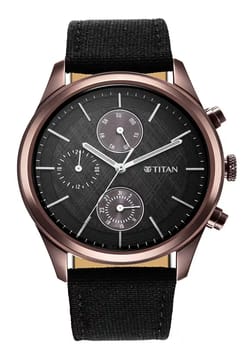 Titan Men's Infinity Chrono watch: Precise Blue Dial, Rose Gold Highlights, Durable Leather Strap