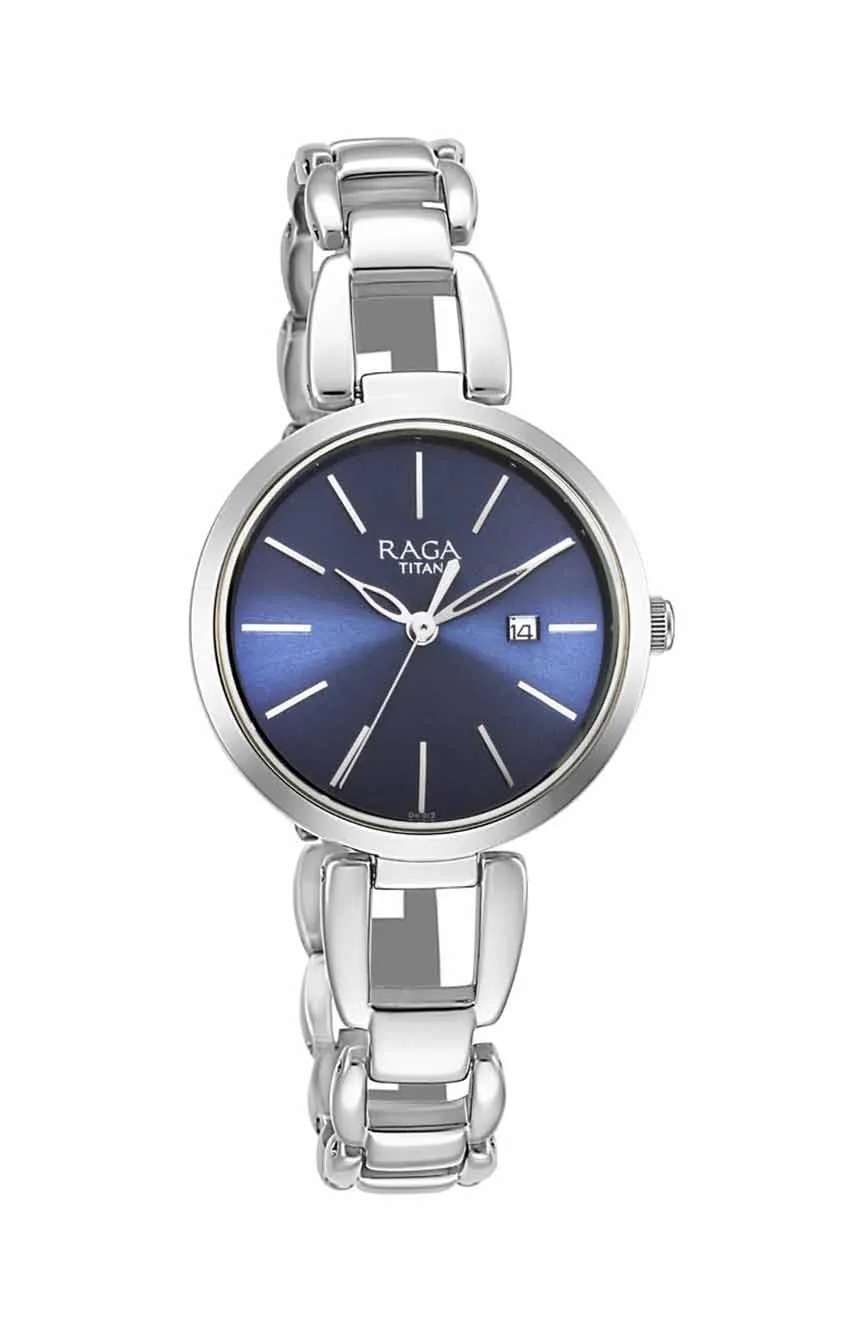 Titan Raga Viva Blue Dial Analog with Date Silver Metal Strap Watch for Women