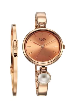Titan Raga Power Pearls Quartz Analog Rose Gold Dial Metal Strap with pearl Watch for Women