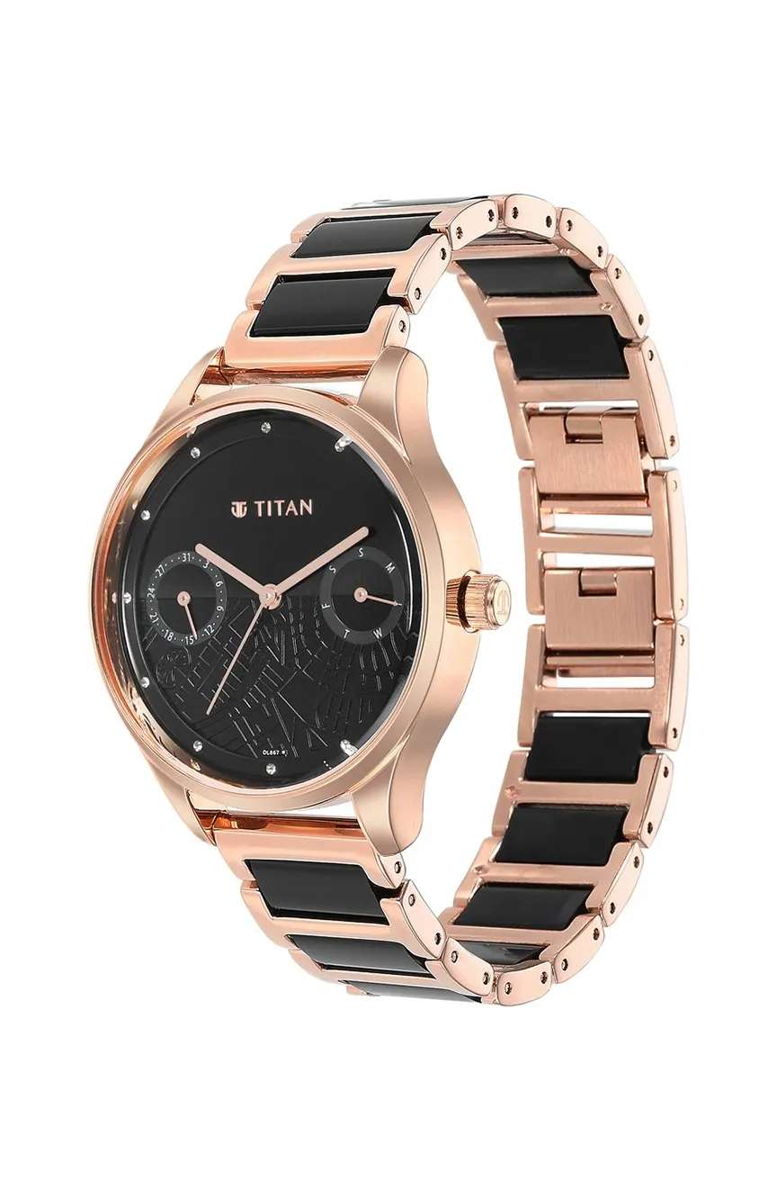 Titan Purple Acetate Black Dial Analog with Day and Date Metal and Acetate Strap Watch for Women