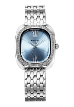 Titan Glamour Quartz Analog Blue Dial Silver Stainless Steel Strap Watch For Women
