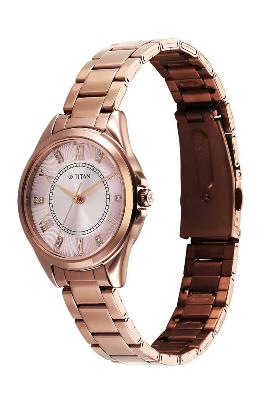 Titan Midnight Radiance Salmon Round Dial Brown Metal Strap Analog Watch for Women