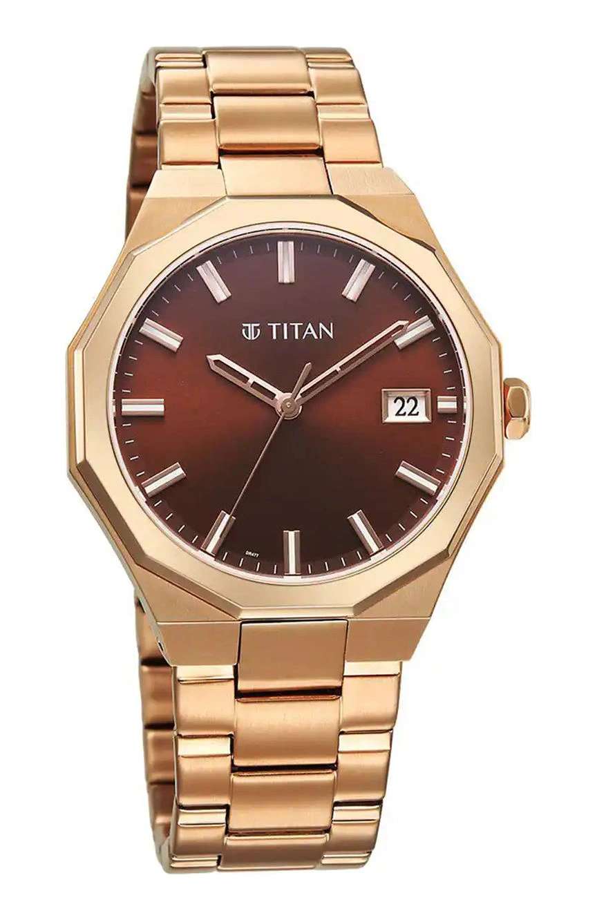 Titan Regalia Dodecagon Quartz Analog with Date Brown Dial Rose Gold Stainless Steel Strap Watch For Men