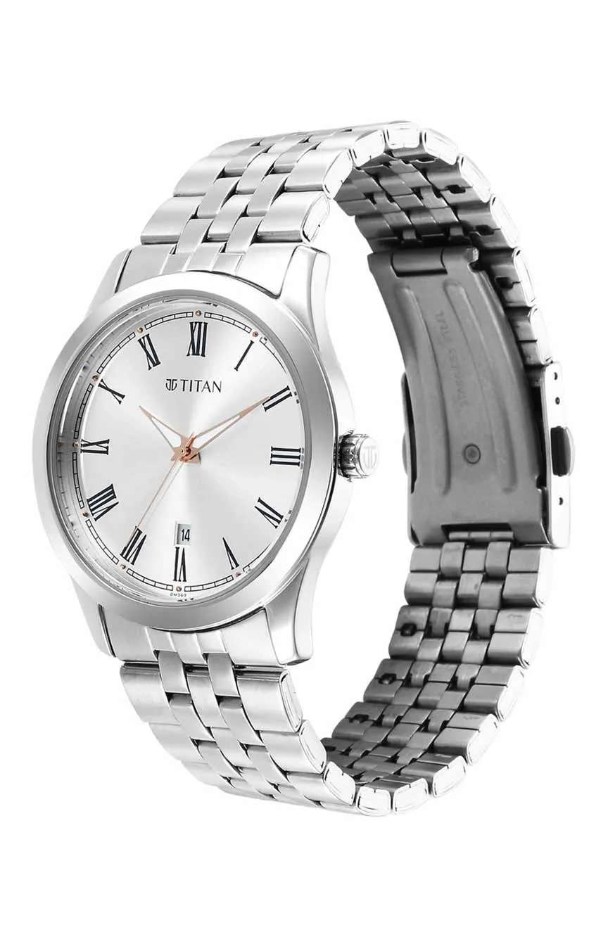 Titan Quartz Analog Silver White Dial Metal Strap Watch for Men