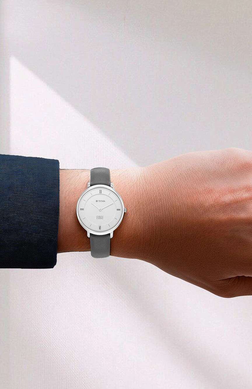 Titan Edge Quartz Analog Grey Dial Grey Leather Strap Watch For Women