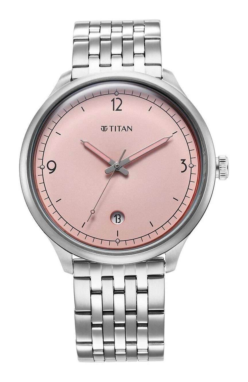 تيتان ساعة تيتان تايملس تريجرز كوارتز بنافذة لعرض التاريخ بميناء وردي وسوار فضي ستانلس إستيل للرجال