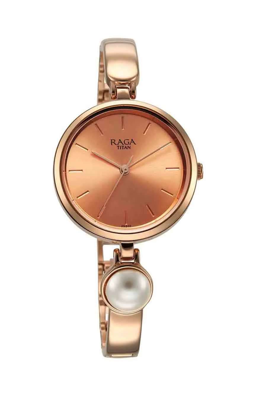 Titan Raga Power Pearls Quartz Analog Rose Gold Dial Metal Strap with pearl Watch for Women