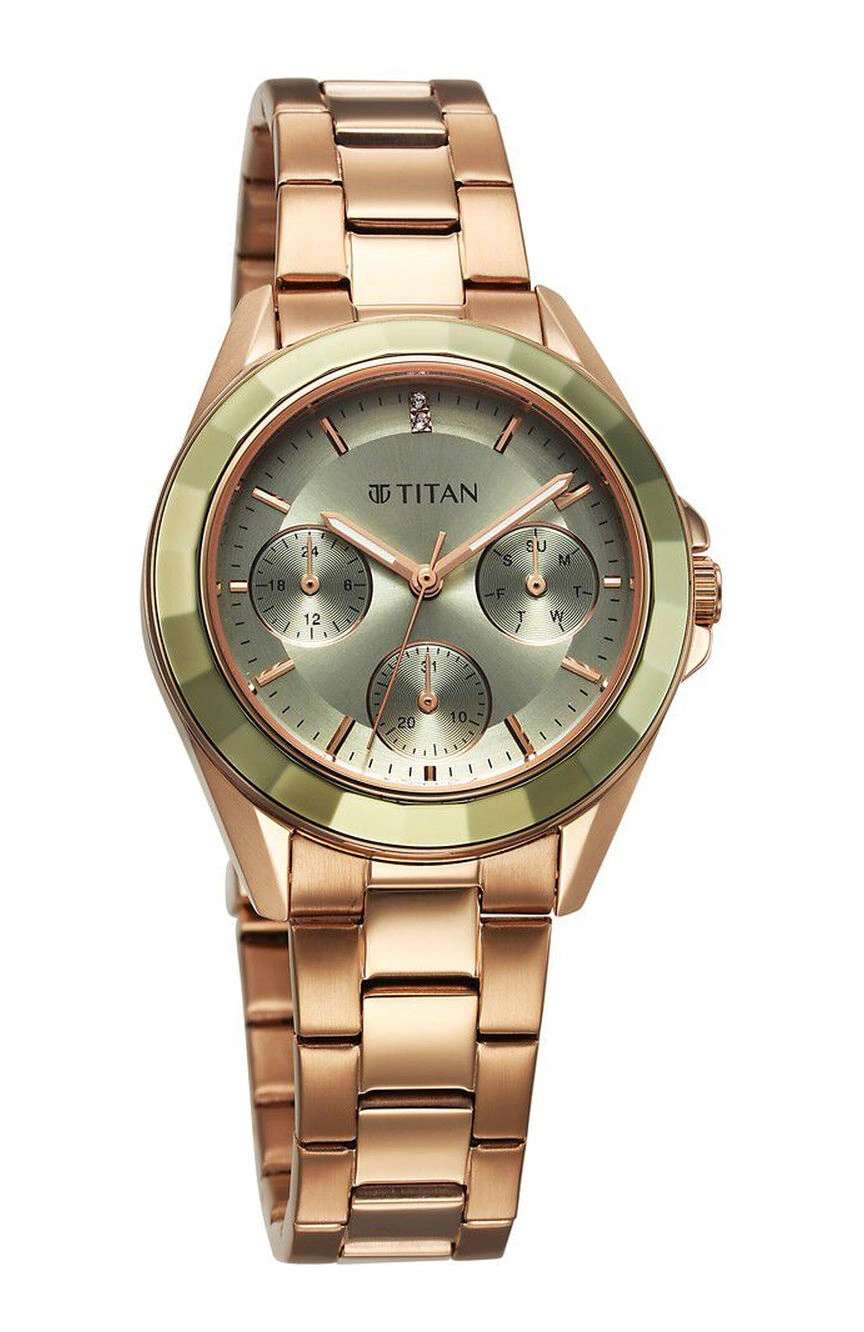 Titan Glamour Quartz Multifunction Green Dial Rose Gold Stainless Steel Strap Watch For Women
