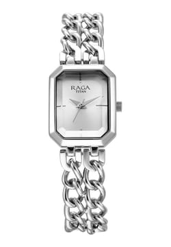 Titan Raga Showstopper Quartz Analog Silver Dial Silver Metal Strap Rectangular Shaped Watch For Women