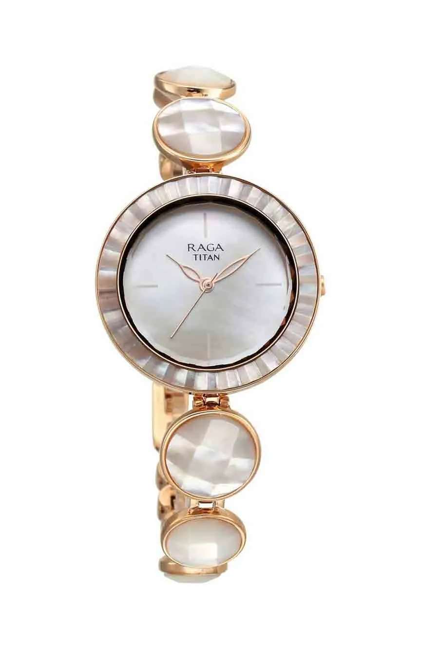 Titan Raga Power Pearls Quartz Analog Mother Of Pearl Dial faceted MOP Strap Watch for Women