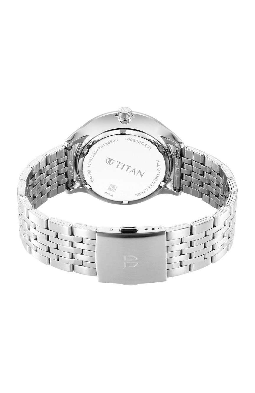 تيتان ساعة تيتان تايملس تريجرز كوارتز بنافذة لعرض التاريخ بميناء وردي وسوار فضي ستانلس إستيل للرجال