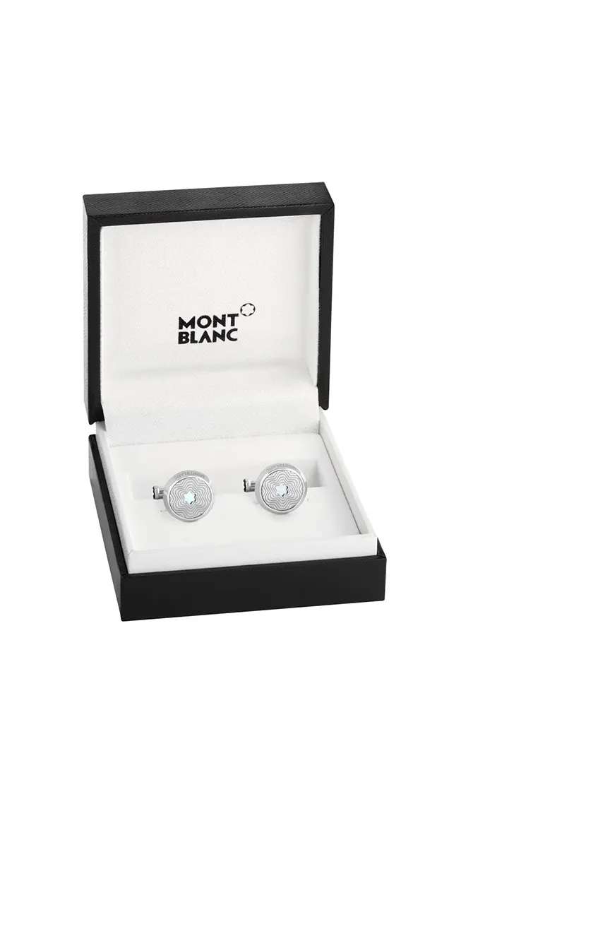 مون بلان أزرار أكمام بإطار دائري من الفولاذ المقاوم للصدأ مع تصميم النجمة وشعار قبعة الثلج المصنوعة من عرق اللؤلؤ