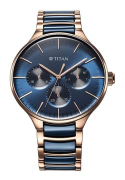 Titan Ceramic Fusion Quartz Multifunction Blue Dial With Two Toned Color Stainless Steel Strap Watch For Men