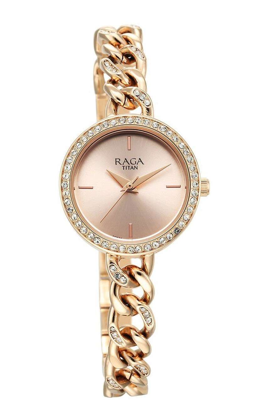 تيتان ساعة تيتان راجا شوستوبر كوارتز بميناء ذهبي وردي وسوار معدني لون ذهبي وردي للنساء