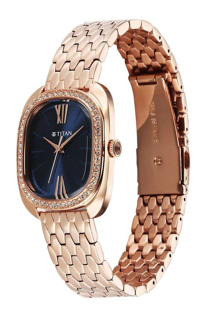 Titan Glamour Quartz Analog Blue Dial Rose Gold Stainless Steel Strap Watch For Women