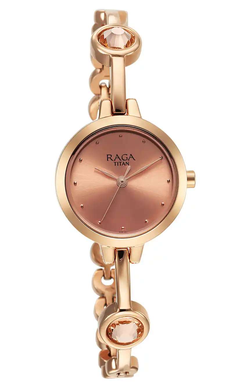 تيتان ساعة تيتان راجا فيفا كوارتز بميناء ذهبي وردي وسوار معدني للنساء