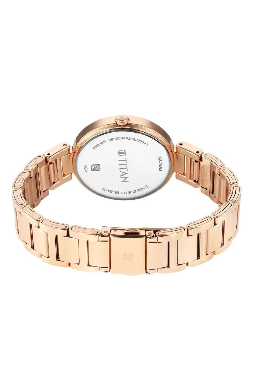 Titan Midnight Radiance Red Round Dial Gold Metal Strap Analog Watch for Women
