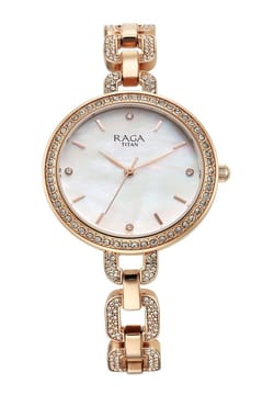 Titan Raga Showstopper Quartz Analog Mother Of Pearl Dial Rose Gold Metal Strap Watch For Women