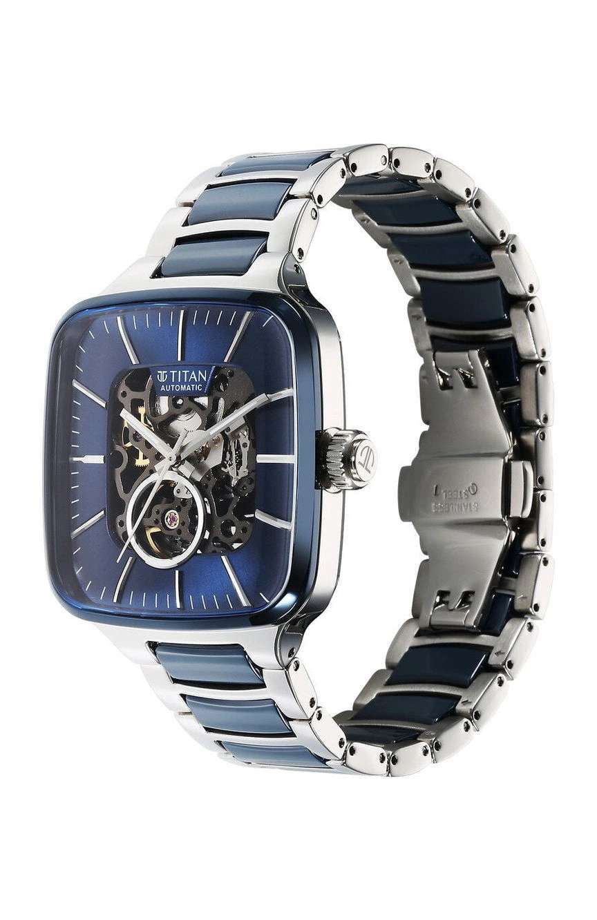 Titan Ceramic Fusion Automatic Square Blue Dial Rose Gold Dual-Toned Stainless Steel Bracelet Watch for Men