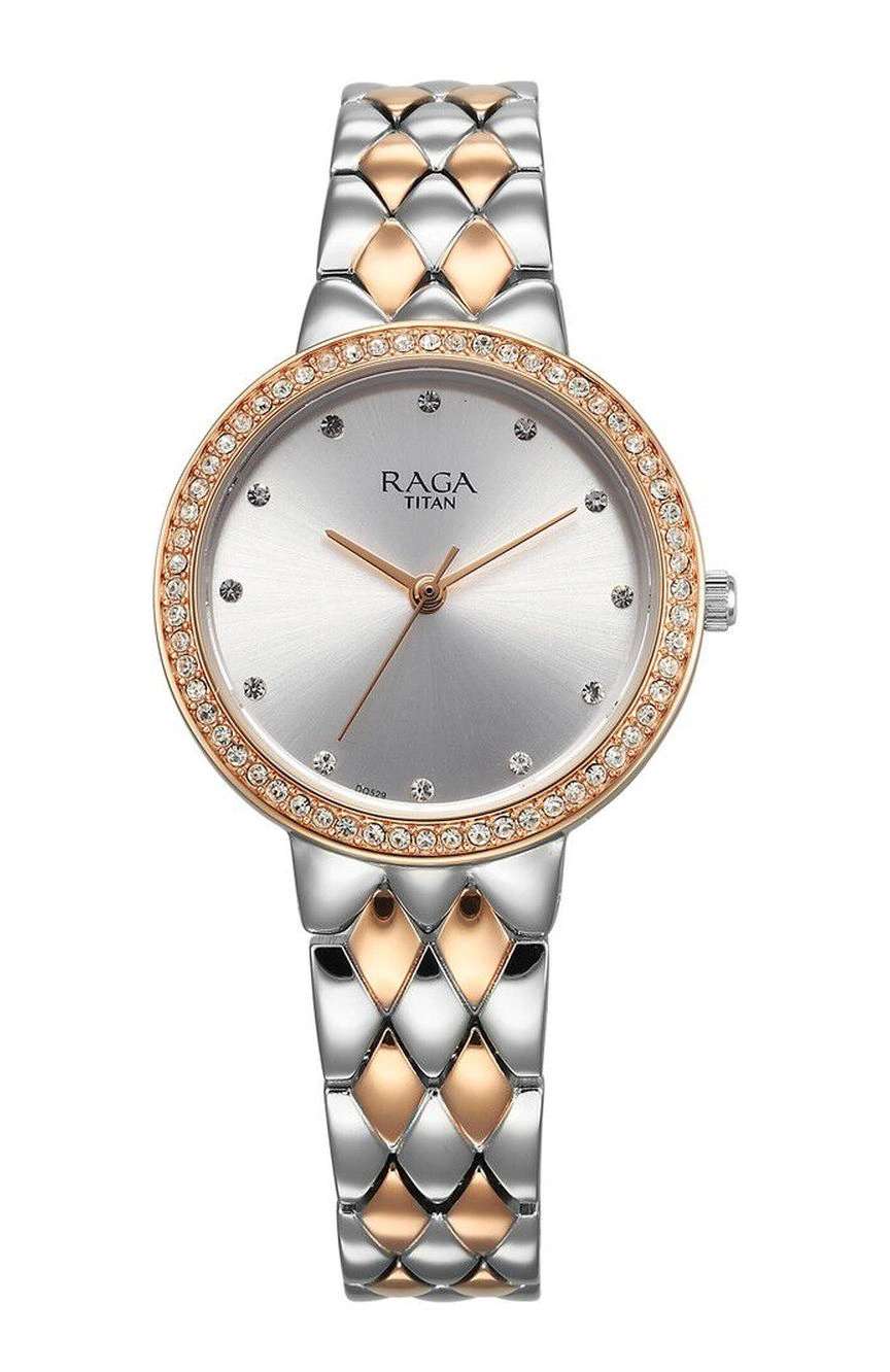 Titan Raga Showstopper Quartz Analog Silver Round Dial Two Toned Metal Strap Watch For Women
