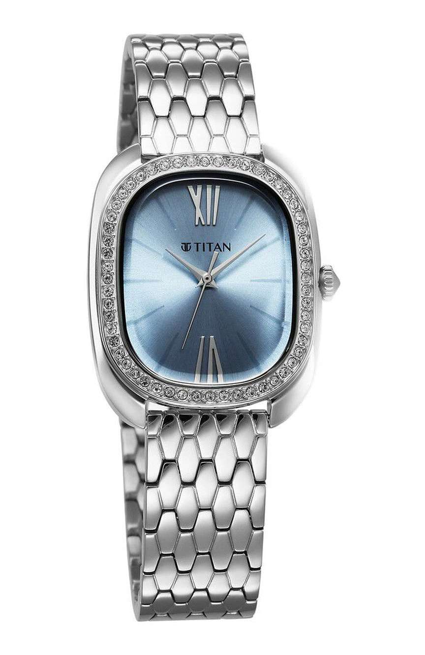Titan Glamour Quartz Analog Blue Dial Silver Stainless Steel Strap Watch For Women