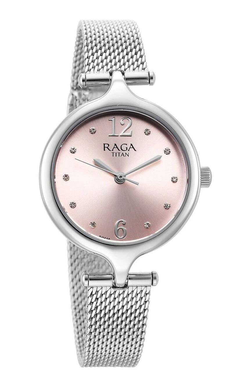 Titan Raga Showstopper Quartz Analog Pink Dial Silver Metal Strap Watch For Women