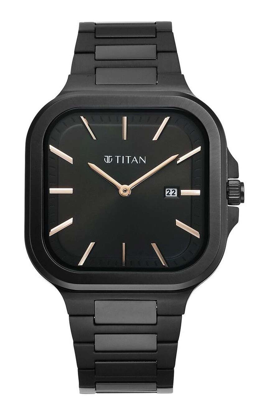 Titan Classique Slim Square Quartz Analog with Date Black Dial Stainless Steel Strap Watch for Men