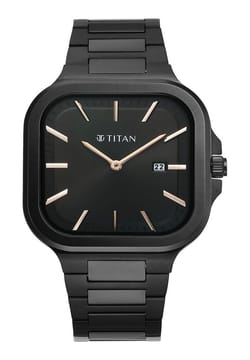 Titan Classique Slim Square Quartz Analog with Date Black Dial Stainless Steel Strap Watch for Men