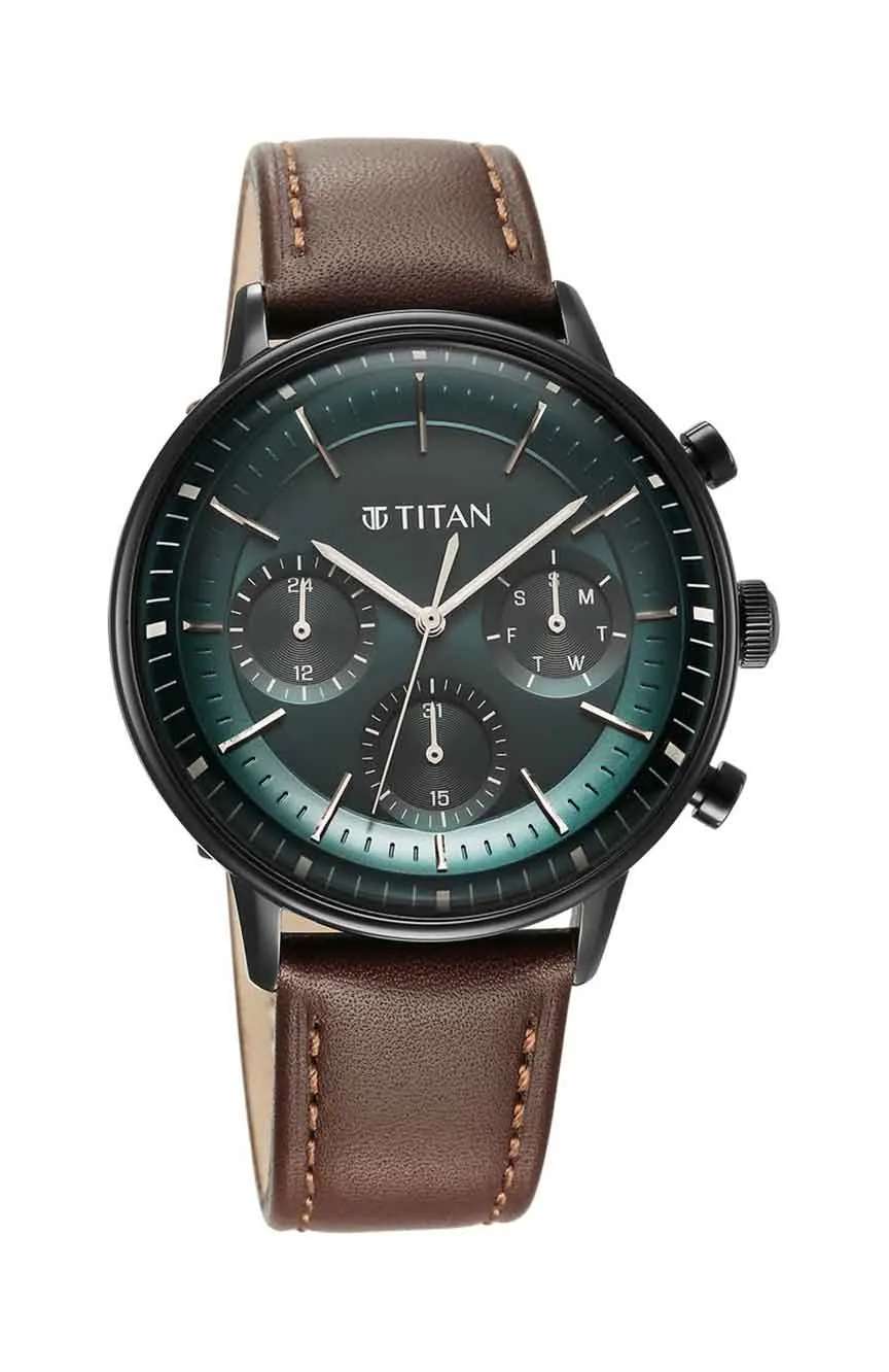 Titan Light Leathers Quartz Multifunction Black Dial Leather Strap Watch for Men
