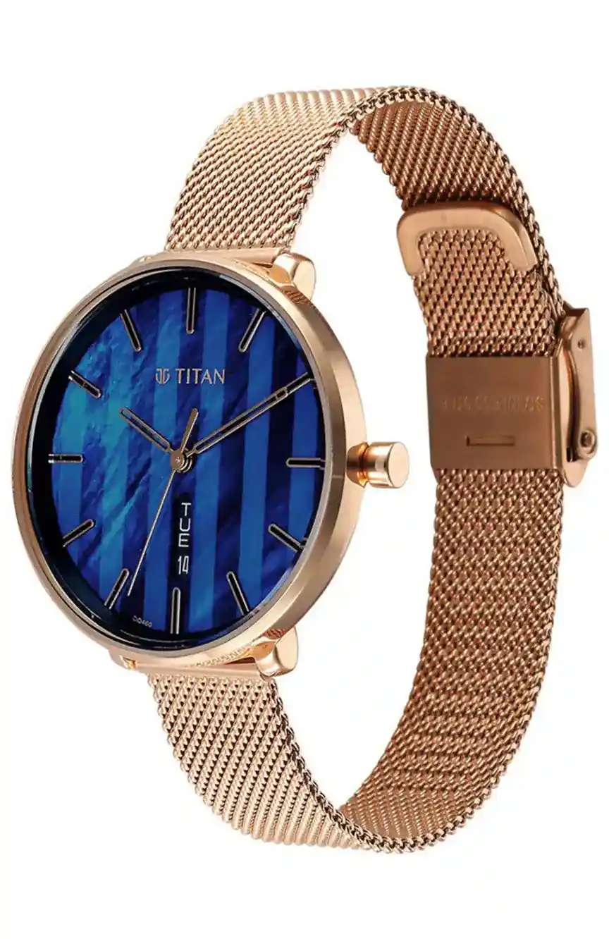 Titan Neo Analog with Day and Date Mother Of Pearl Dial Rose Gold Color Stainless Steel Strap Watch For Women