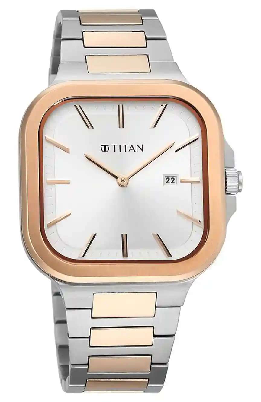 Titan Classique Slim Square Quartz Analog with Date Silver Dial Stainless Steel Strap Watch for Men