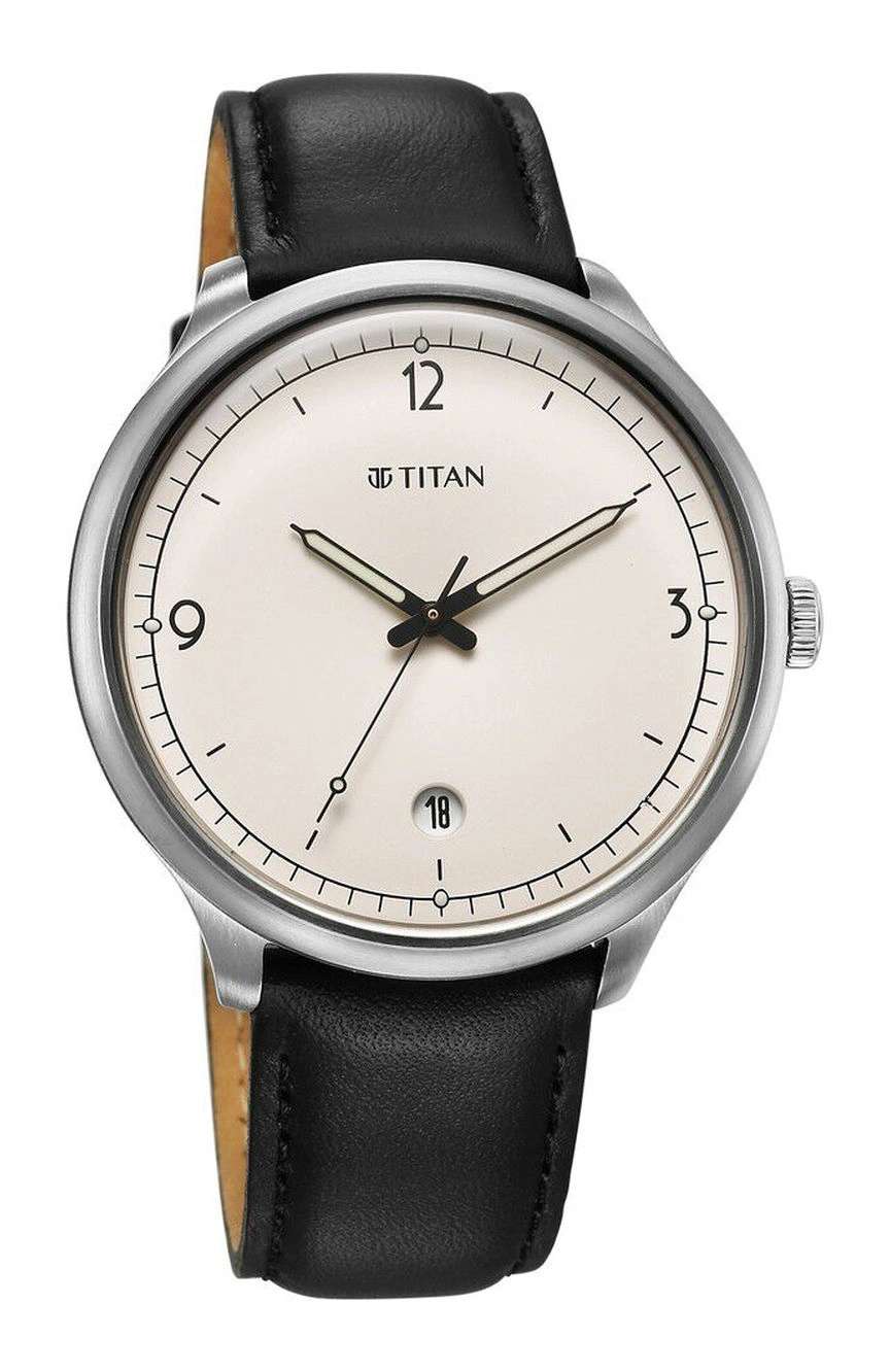 تيتان ساعة تيتان تيمليس تريجرز كوارتز بنافذة لعرض التاريخ بميناء أبيض وسوار من الجلد الأسود للرجال