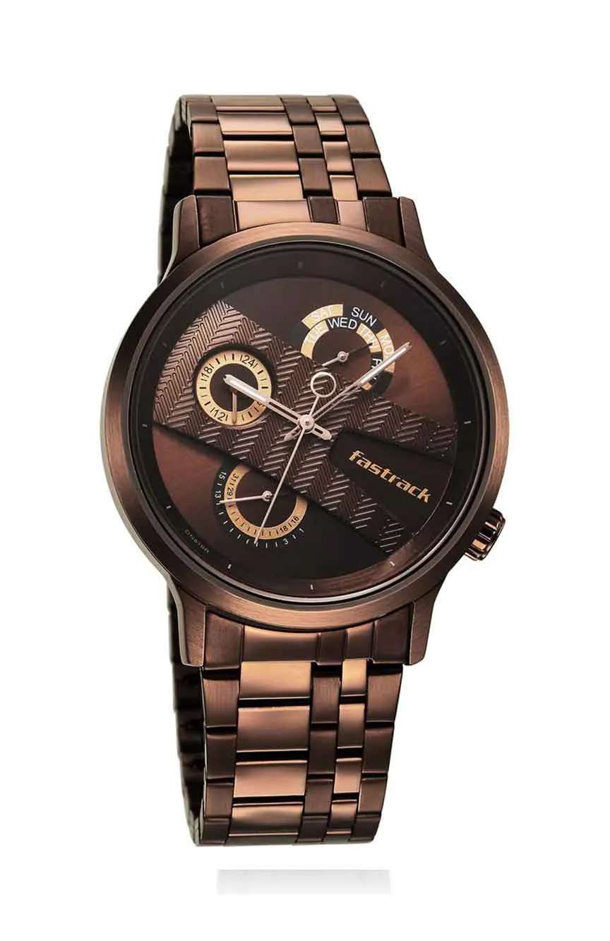 تيتان ساعة فاستراك كوارتز بميناء بني وسوار ستانلس ستيل للرجال