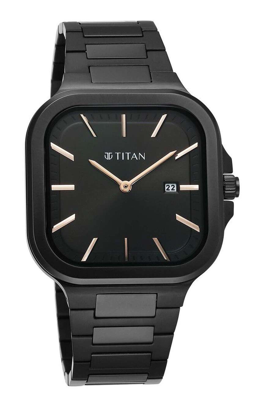 Titan Classique Slim Square Quartz Analog with Date Black Dial Stainless Steel Strap Watch for Men