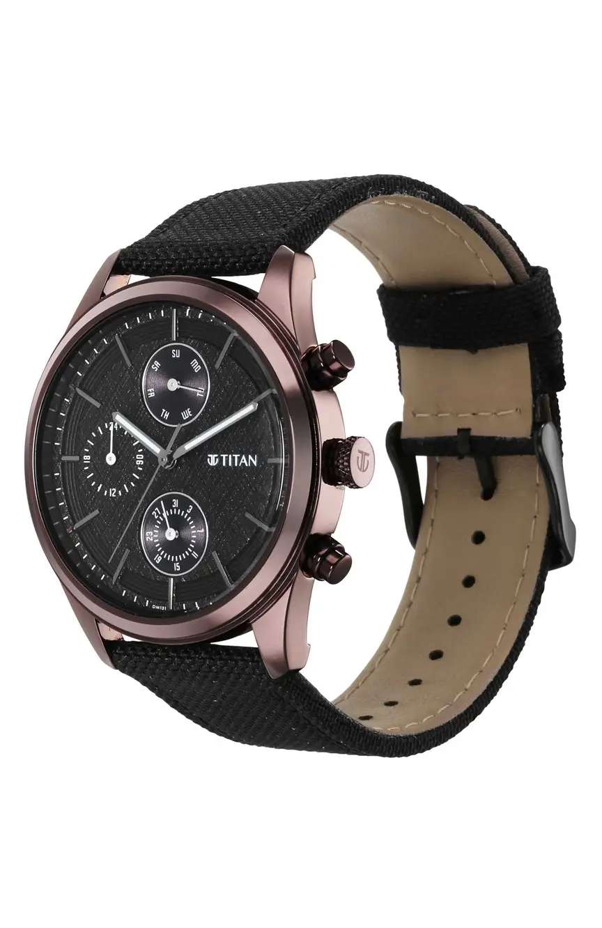 Titan Men's Infinity Chrono watch: Precise Blue Dial, Rose Gold Highlights, Durable Leather Strap