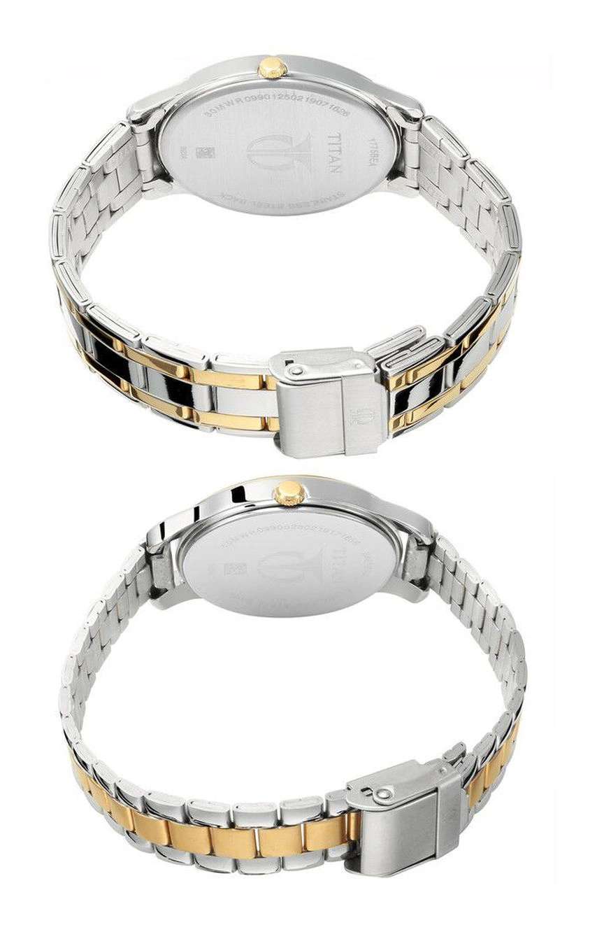 Titan Bandhan Quartz Analog with Date Silver Round Dial Two Toned Stainless Steel Strap Watch For Couple