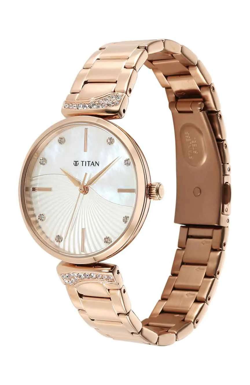 Titan Purple Style Up Quartz Analog Mother Of Pearl Dial Stainless Steel Strap Watch for Women