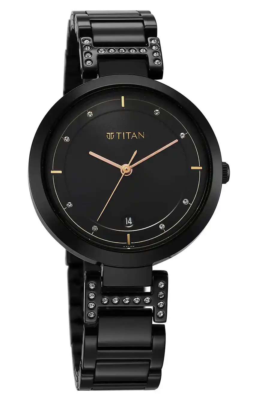 Titan Workwear Quartz Analog Black Dial Black Stainless Steel Strap Watch for Women
