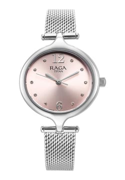 Titan Raga Showstopper Quartz Analog Pink Dial Silver Metal Strap Watch For Women