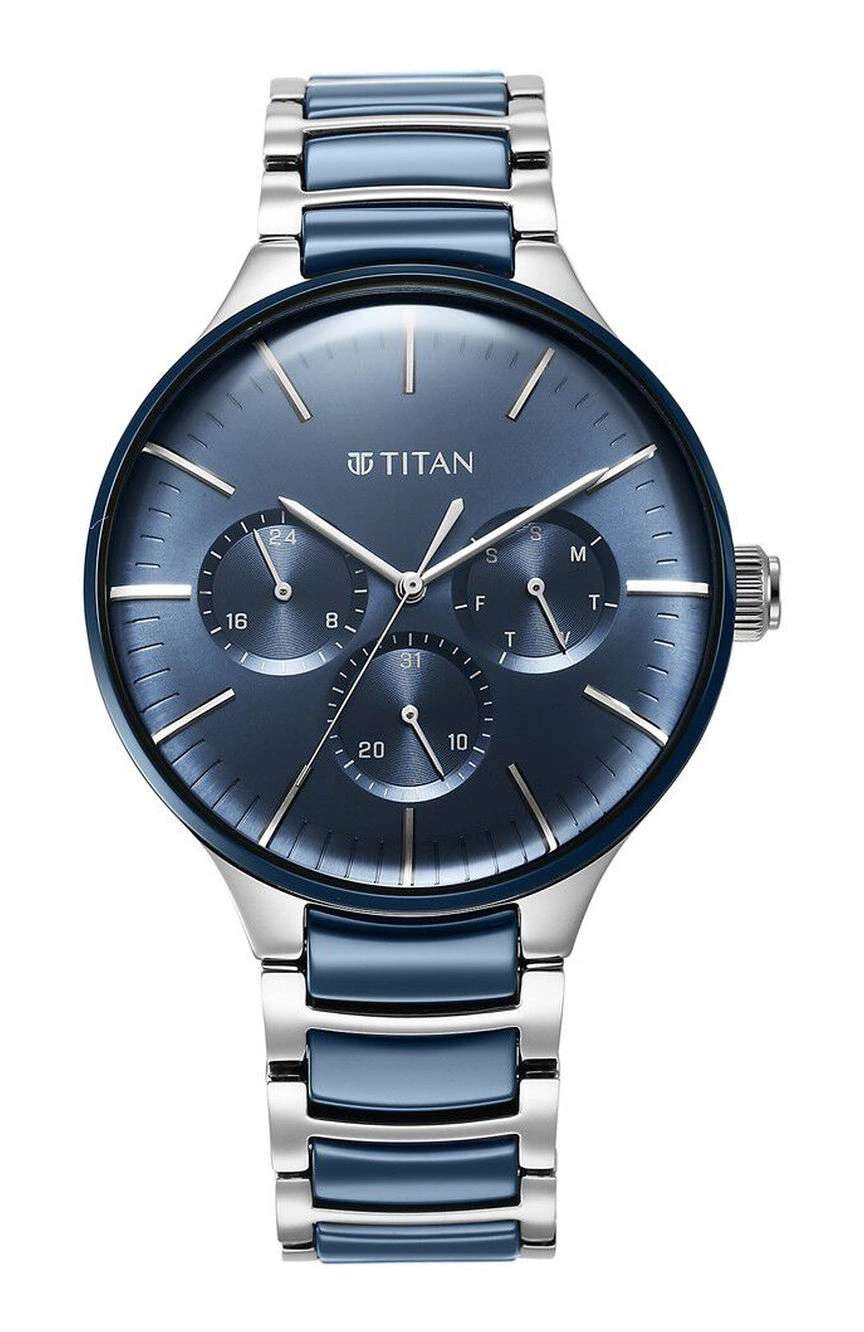 Titan Ceramic Fusion Quartz Multifunction Blue Dial Silver Dual-Toned Stainless Steel Bracelet Watch for Men