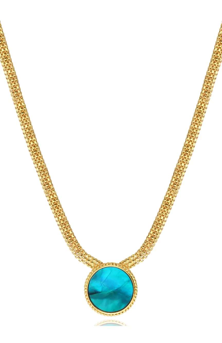 Satellite Ashanti Necklace In Flat Chain And Round Mother-Of-Pearl -Green Turquoise