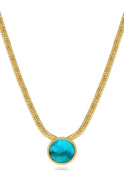 Satellite Ashanti Necklace In Flat Chain And Round Mother-Of-Pearl -Green Turquoise