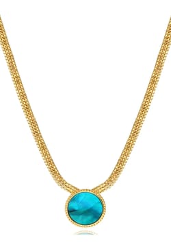 Satellite Ashanti Necklace In Flat Chain And Round Mother-Of-Pearl -Green Turquoise